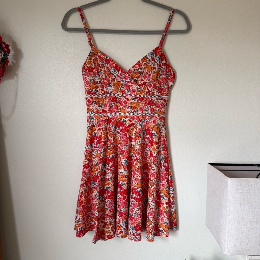Floral Spaghetti-Strap Mini Dress in Red and Orange